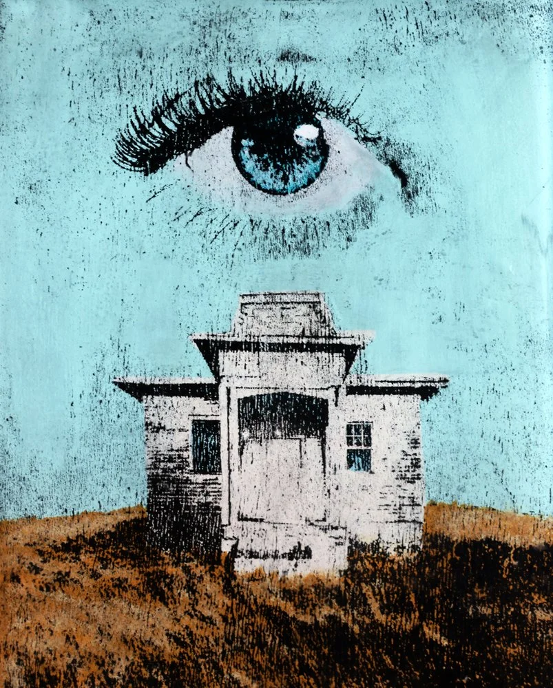 An example of a gel plate printed image showing a brown field with an abandoned building and an eye with thick eye lashes floating in a blue sky by VC Torneden