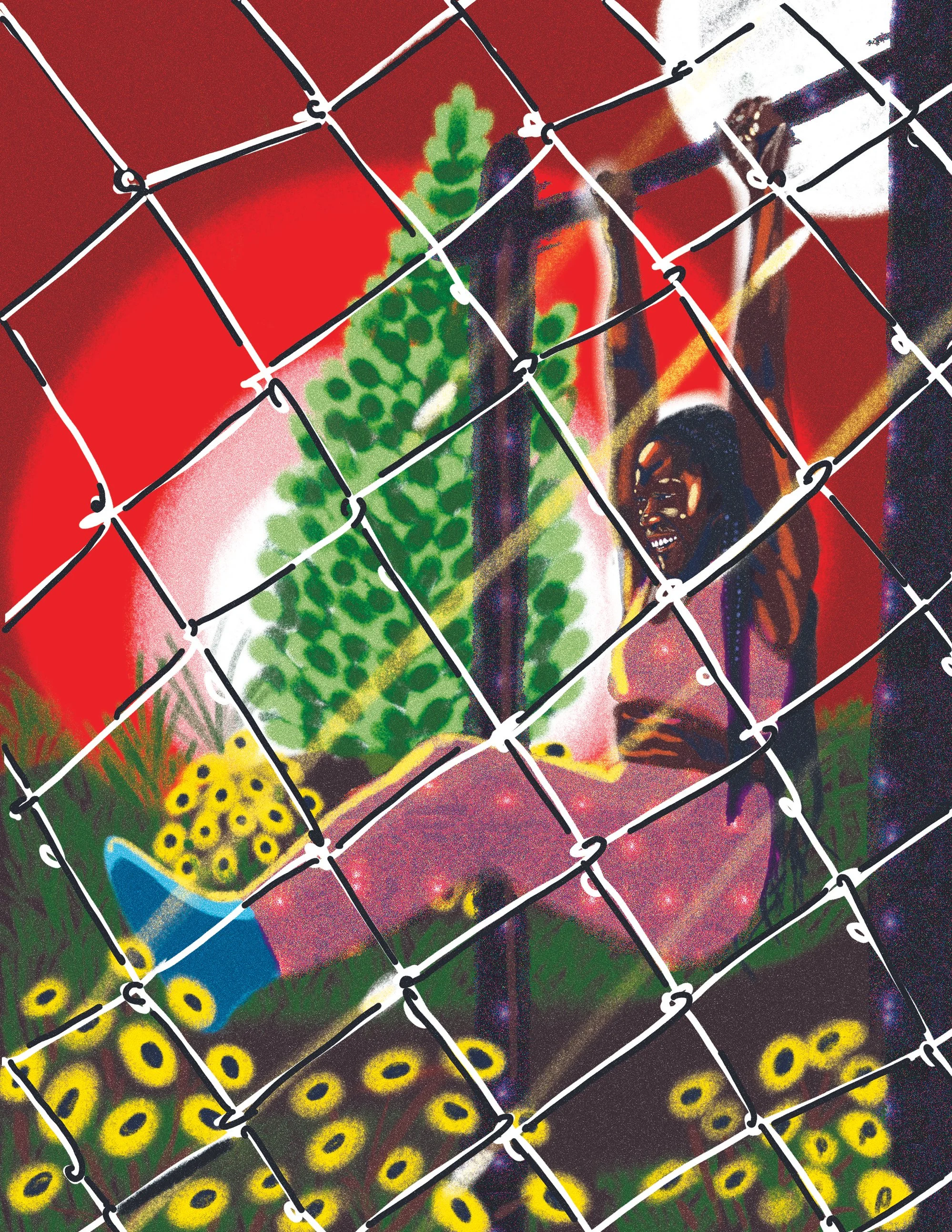 A digital drawing depicts a Black girl in a pink workout outfit suspended in motion at a park. Sunflowers frame her against a wired fence, emphasizing movement and Black joy.