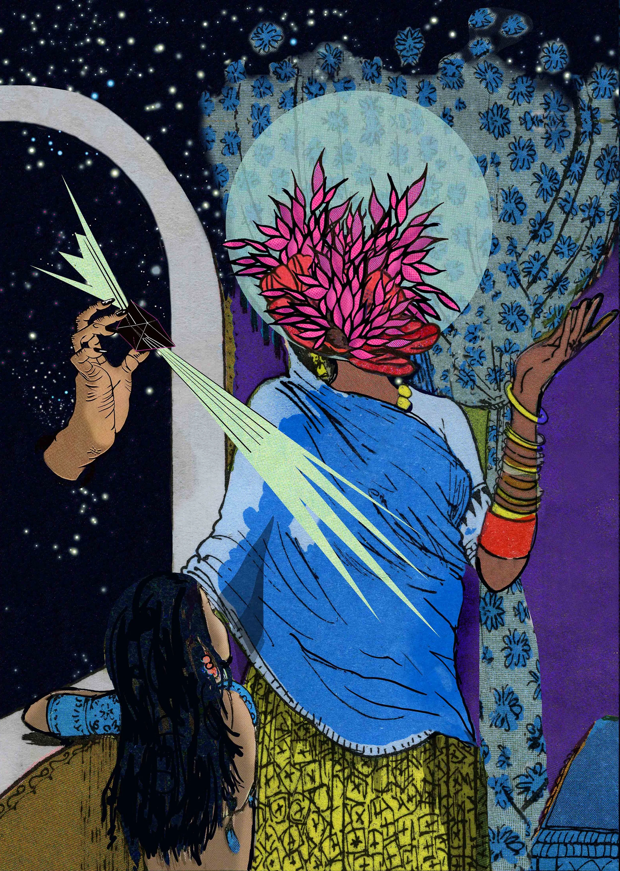 An archival print shows a child and adult standing together. Stars fill a window beside them, while a pink-and-red leafy form replaces the adult’s face. A brown hand holds a satellite, suggesting femme creativity and interdependence.