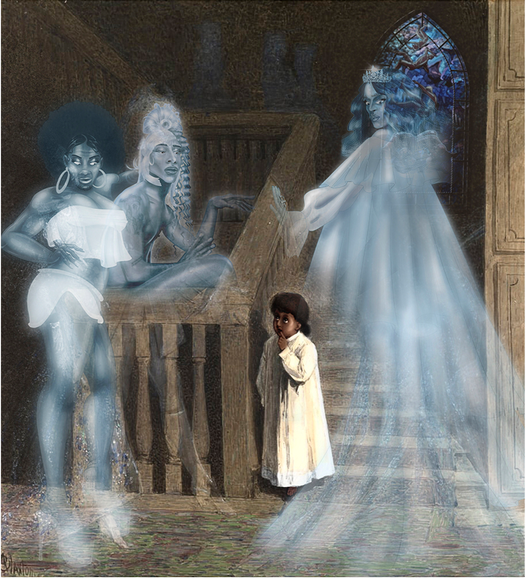 Transcestors depicts a young Black girl in nightwear at the bottom of a staircase surrounded by ghostly trans feminine ancestors in heels, gowns, crowns, and long hair.