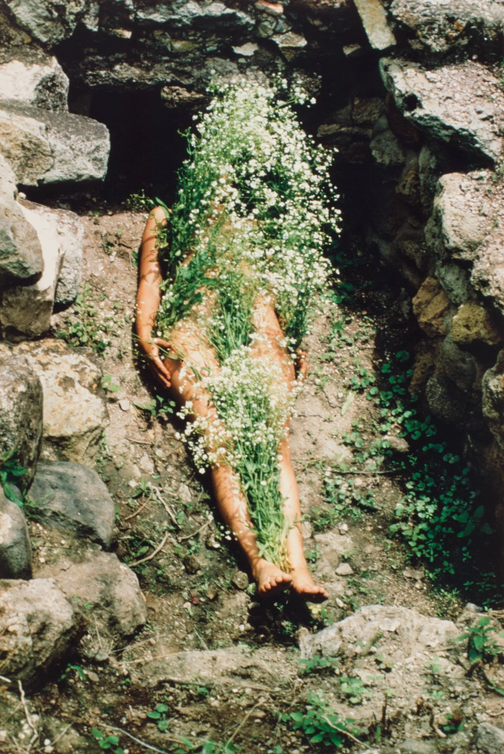 A nude woman reclines like a corpse inside a rocky tomb. Her arms and legs are partly visible while white flowers with green stems obscure her upper body and head, creating an aura-like haze.
