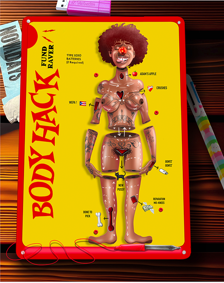 Body Hack reimagines the board game Operation with a Black trans woman as its central figure. Her body is divided into sections with altered descriptions, transforming the game into a statement about identity and bodily autonomy.