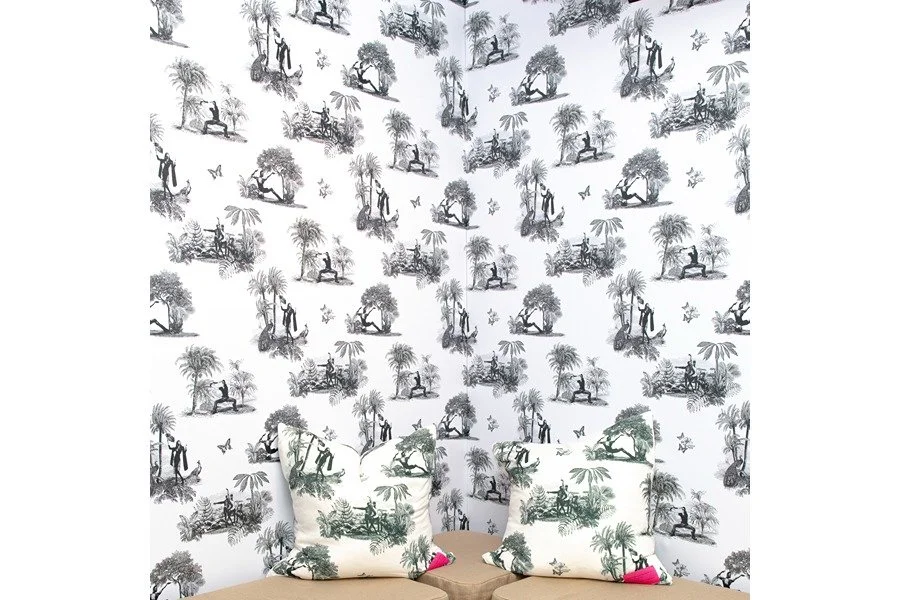 This wallpaper depicts legendary figures from the queer Ballroom scene in a luxurious French textile style. Several figures pose beneath trees, including dancers, a fan-wielding femme, and a group arranged like a family.