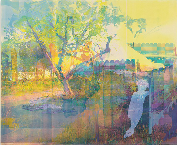 Where We Learn the Air depicts a white child-sized silhouette wearing a pink flower crown against a luminous yellow sky. A large tree with bright green leaves fills the background.