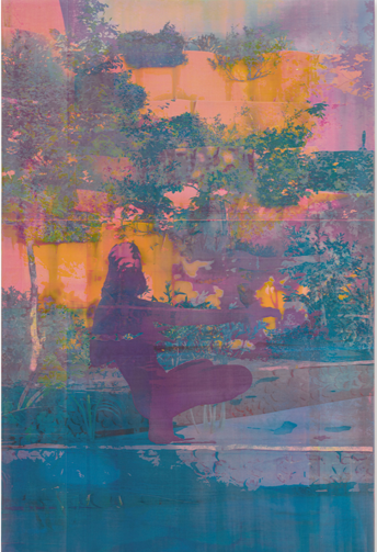 A purple female silhouette squats in a natural landscape. Orange, pink, purple, and blue colors form a dreamy sky, while grass and slender leafy trees surround the figure.