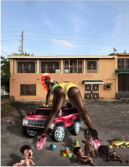 Mama Tried... depicts a Black mother in pink stripper heels, yellow shorts, and a green tube top beside a bright pink children’s car. Four children surround her near a worn housing unit.