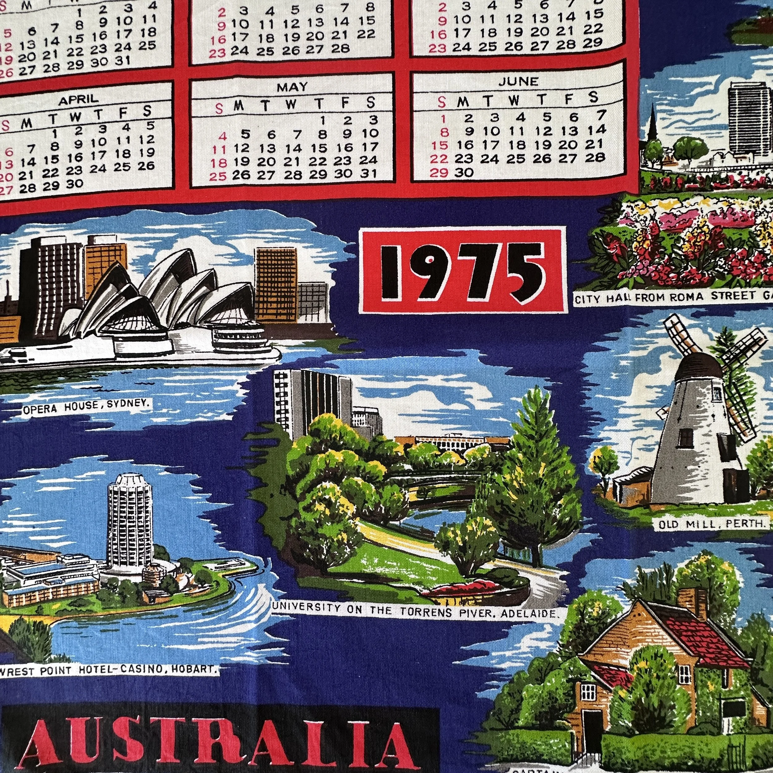 Vintage Australian Calendar Tea Towel 1975