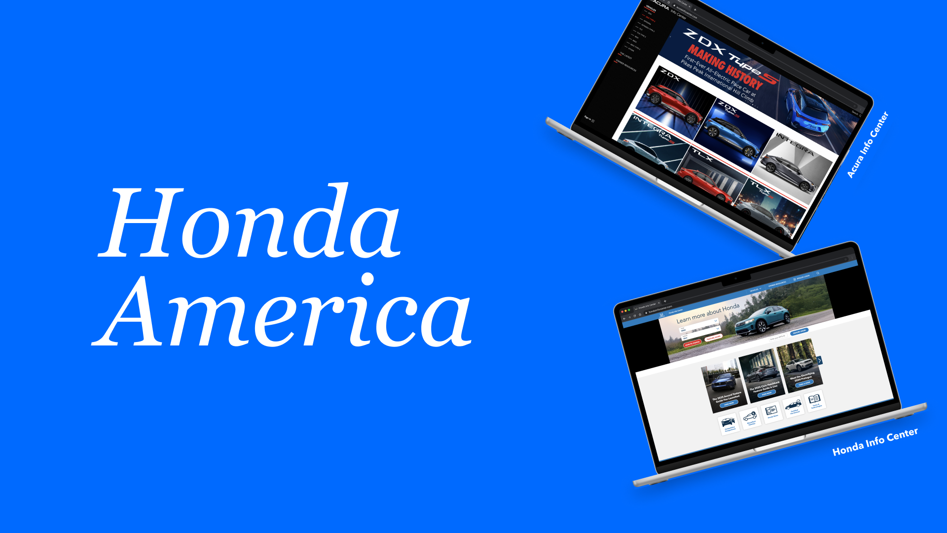 Blue background with the words "Honda America" in white text on the left. On the right, two laptops display Honda website pages, one showing car models and the other with a car search and information.