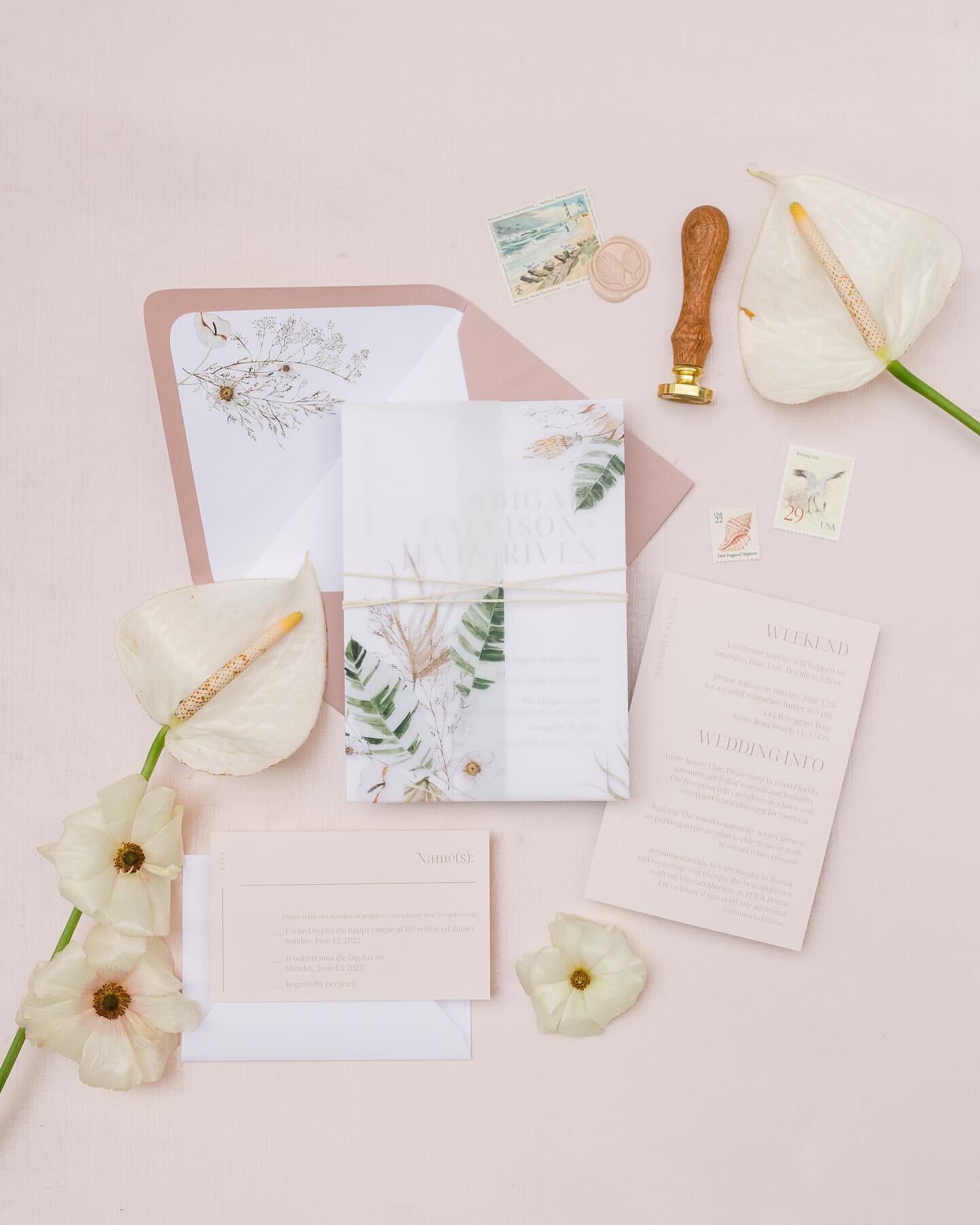 Every detail crafted with love💍✨ Let us help turn your dream wedding into a reality!  Avis designed and created these Tulum-coastal vibe invitations for our sweet client.  It was a labor of love that included finding the perfect wax seal stamp, the 