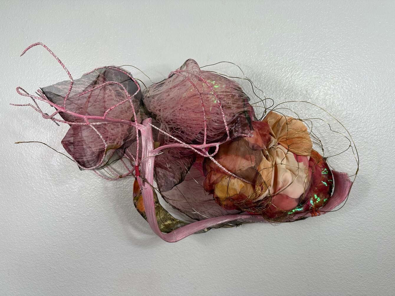 Inflorescence in Pink from Haiku Road,
Palm inflorescence, wire, silk, paper, kimonos, photographs, mixed media, 2023
20 x 33 x 14inches