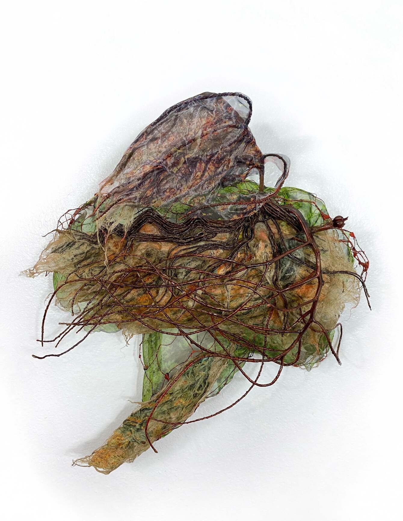 The Aptitude to Fly,
Branches, wire, resin, flax fiber handmade paper, photographs, collage, silk, mixed-media, 2021
25 x 26 x 12 inches