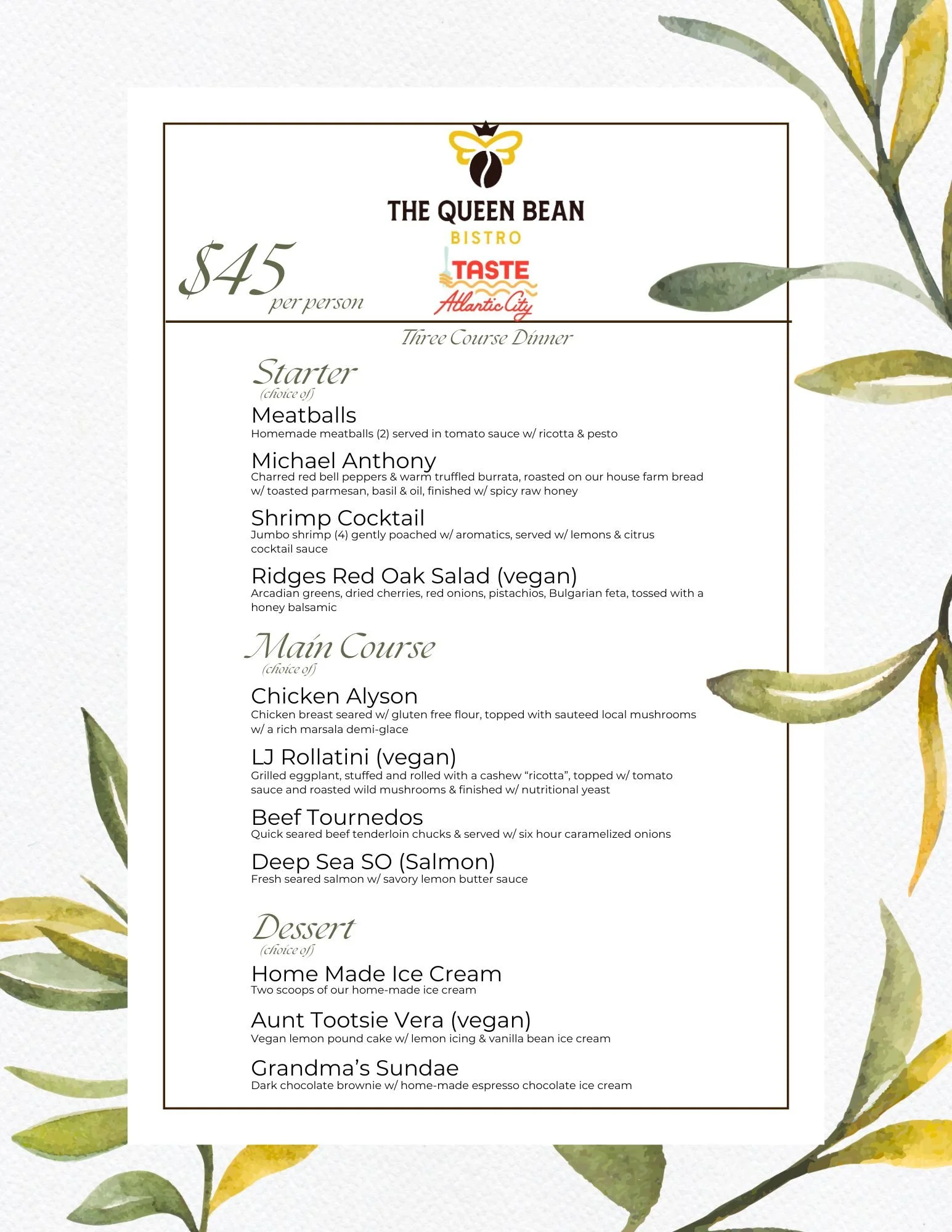 3 course preset dinner menu taste of atlantic city nj the queen bean bistro