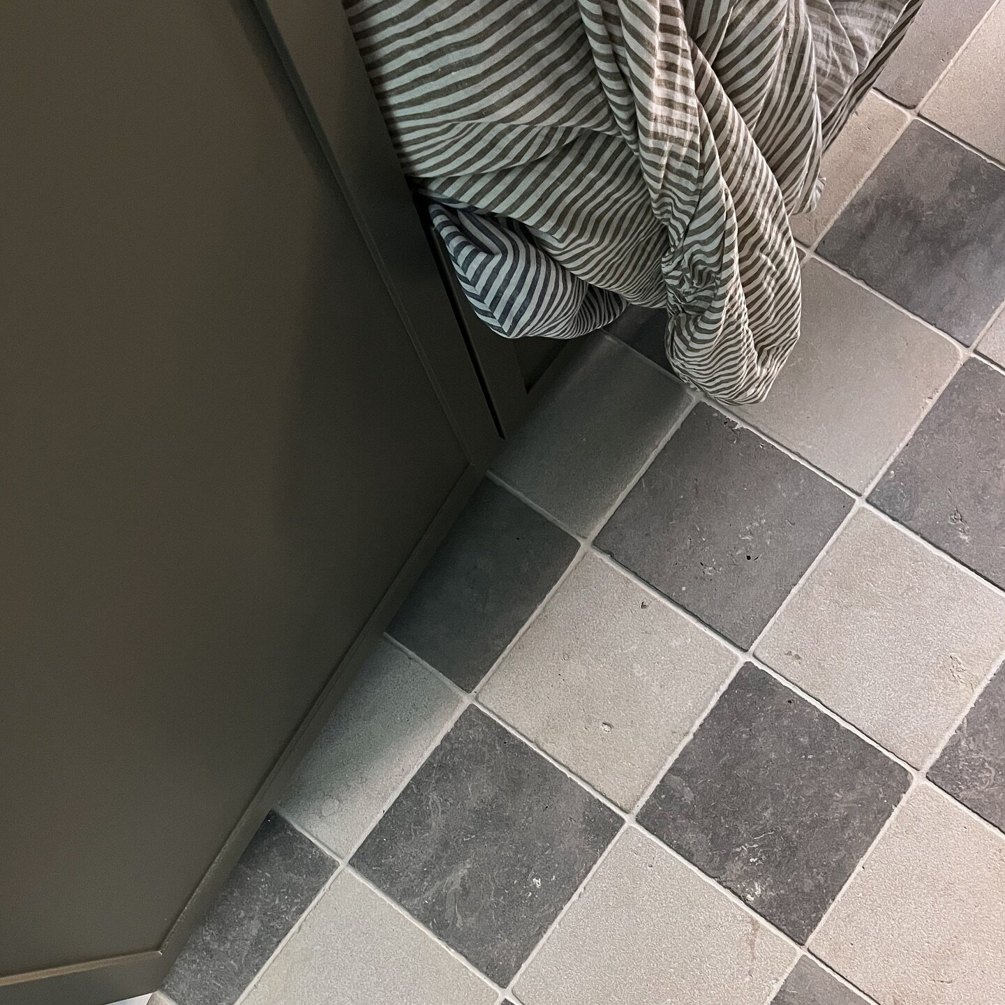 Delicious Dulux &ldquo;Jungle Cloak&rdquo; cabinetry &bull; a perfect pairing with the Selene tumbled limestone. We&rsquo;re SO excited to see this one finished &bull;.