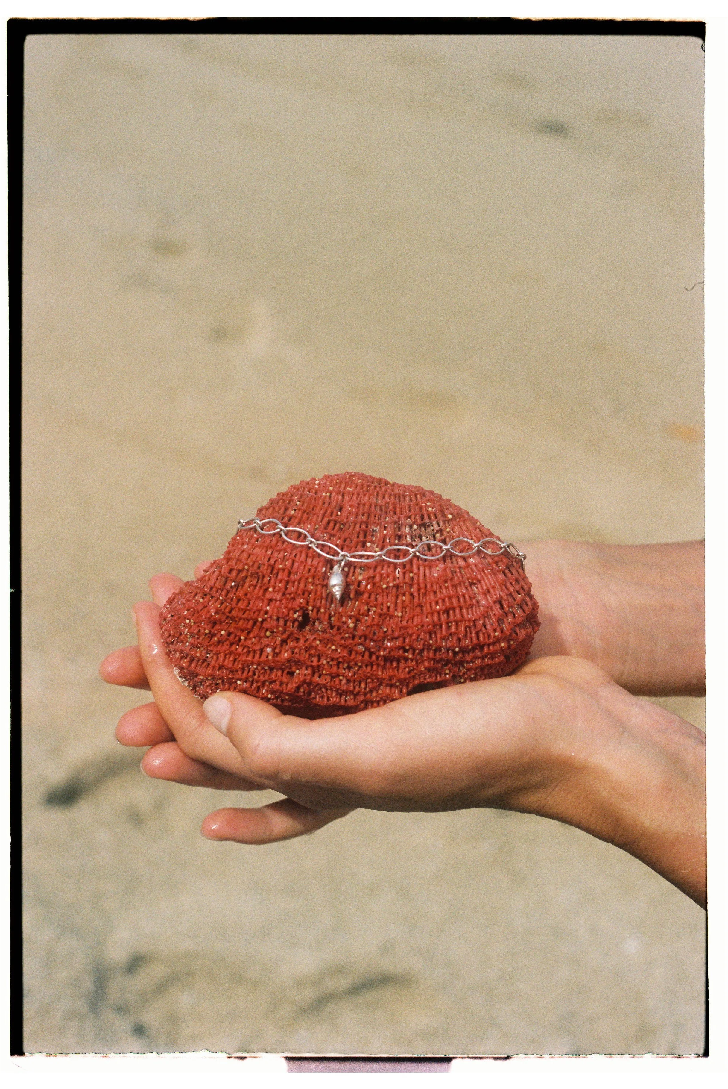 A hand holding a red coral shell with a silver chain bracelet resting on it on a sandy beach background.