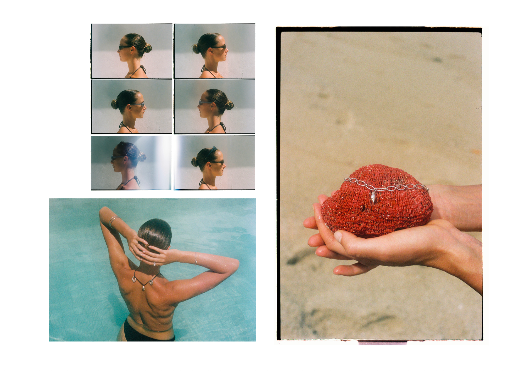 Collage of five images featuring a woman with sunglasses, seen in profile shots, in a swimming pool, and by the beach, holding a red beaded clutch with a silver necklace; the background includes a plain white wall and sandy beach.