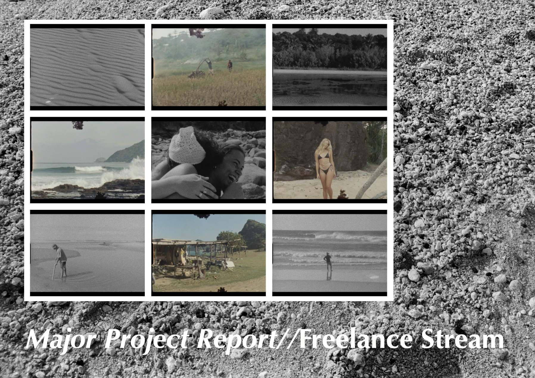 A collage of nine images on a gravel background with the caption "Major Project Report//Freelance Stream" at the bottom. The images include sand dunes, people in fields, water scenes, a woman in a bikini on the beach, a person on the beach, a small h