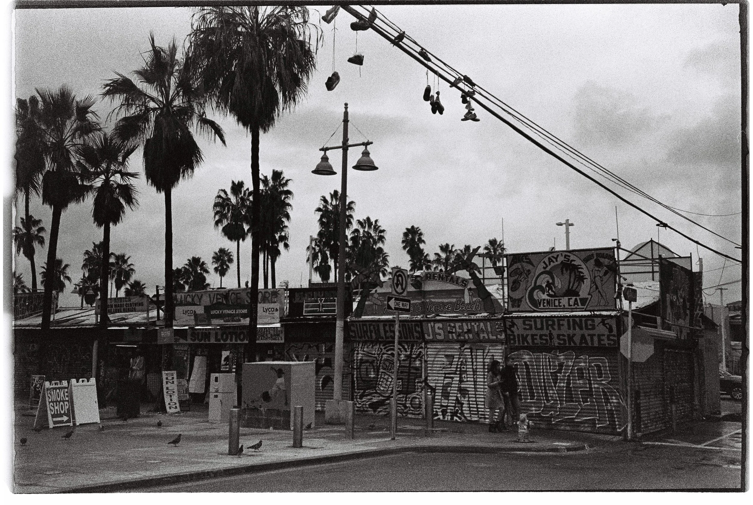 Black-and-white photo of shops and palm trees at Venice Beach, California, with graffiti on shop fronts and a cloudy sky.