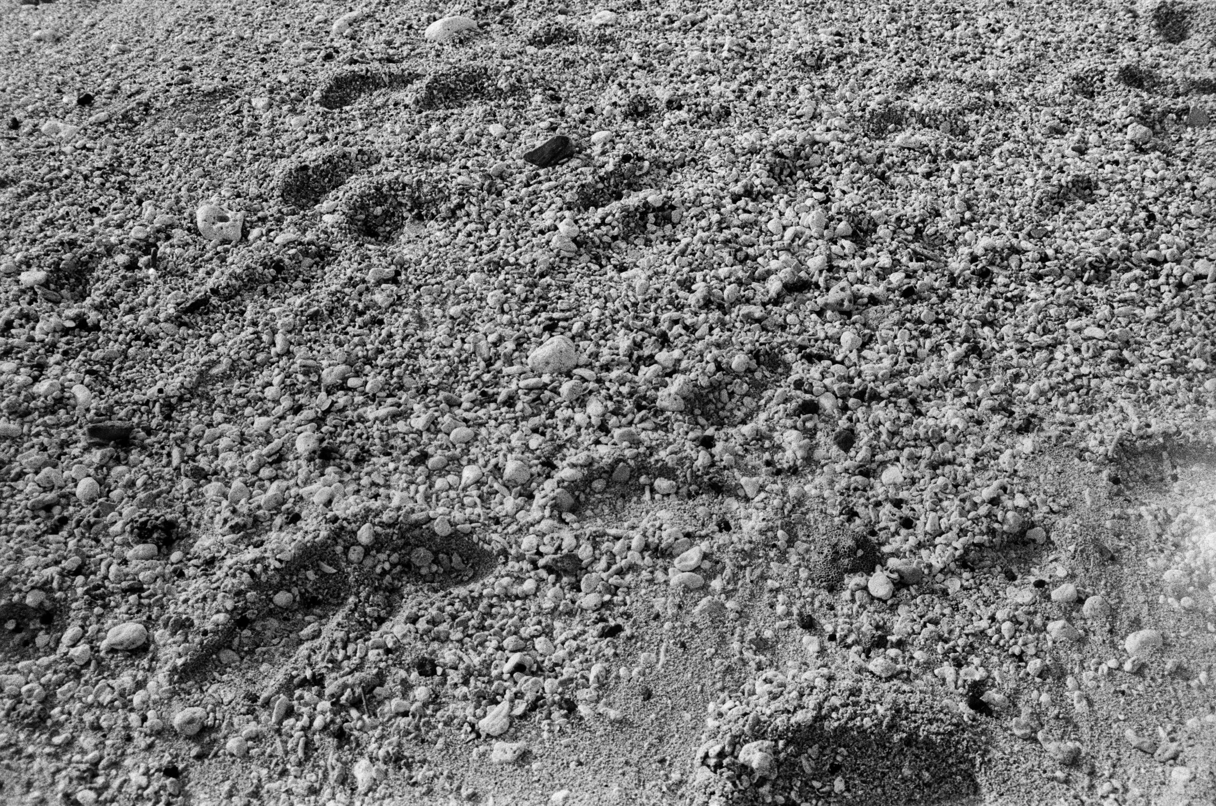 Close-up of sandy beach with small rocks and footprints in the sand