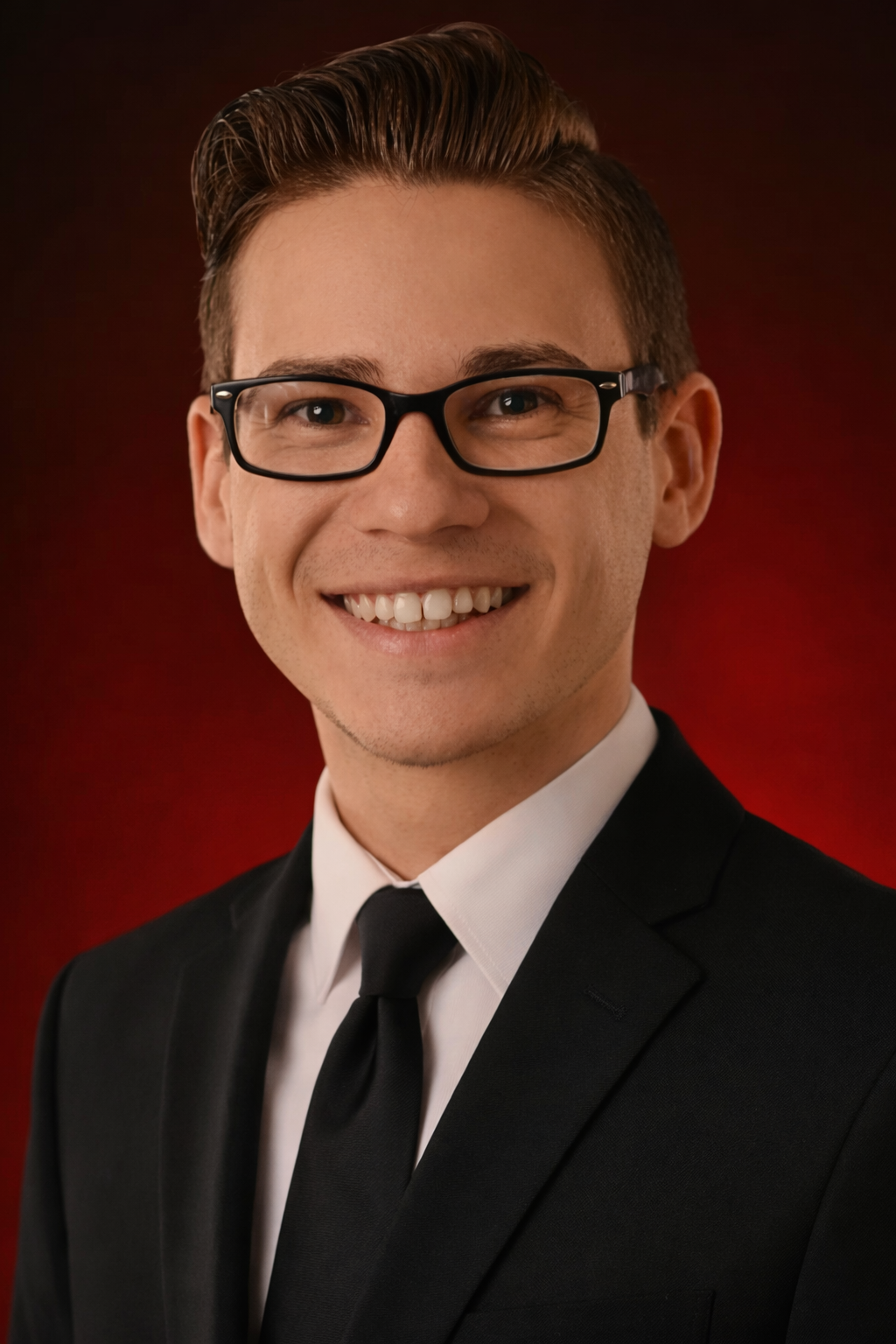 Portrait of a Michael Olson with glasses, wearing a black suit, white shirt, and black tie, against a dark red background.