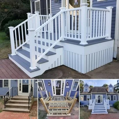 Multiple views of a house exterior, featuring white wooden porch stairs with railings, black stairs with handrails, a wooden framework for a deck, and a house entrance with stairs and columns.