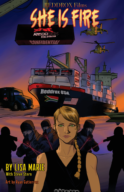 She Is Fire Comic Book Cover Page Woman with 5 Men behind her pointing rifles with a target on her back