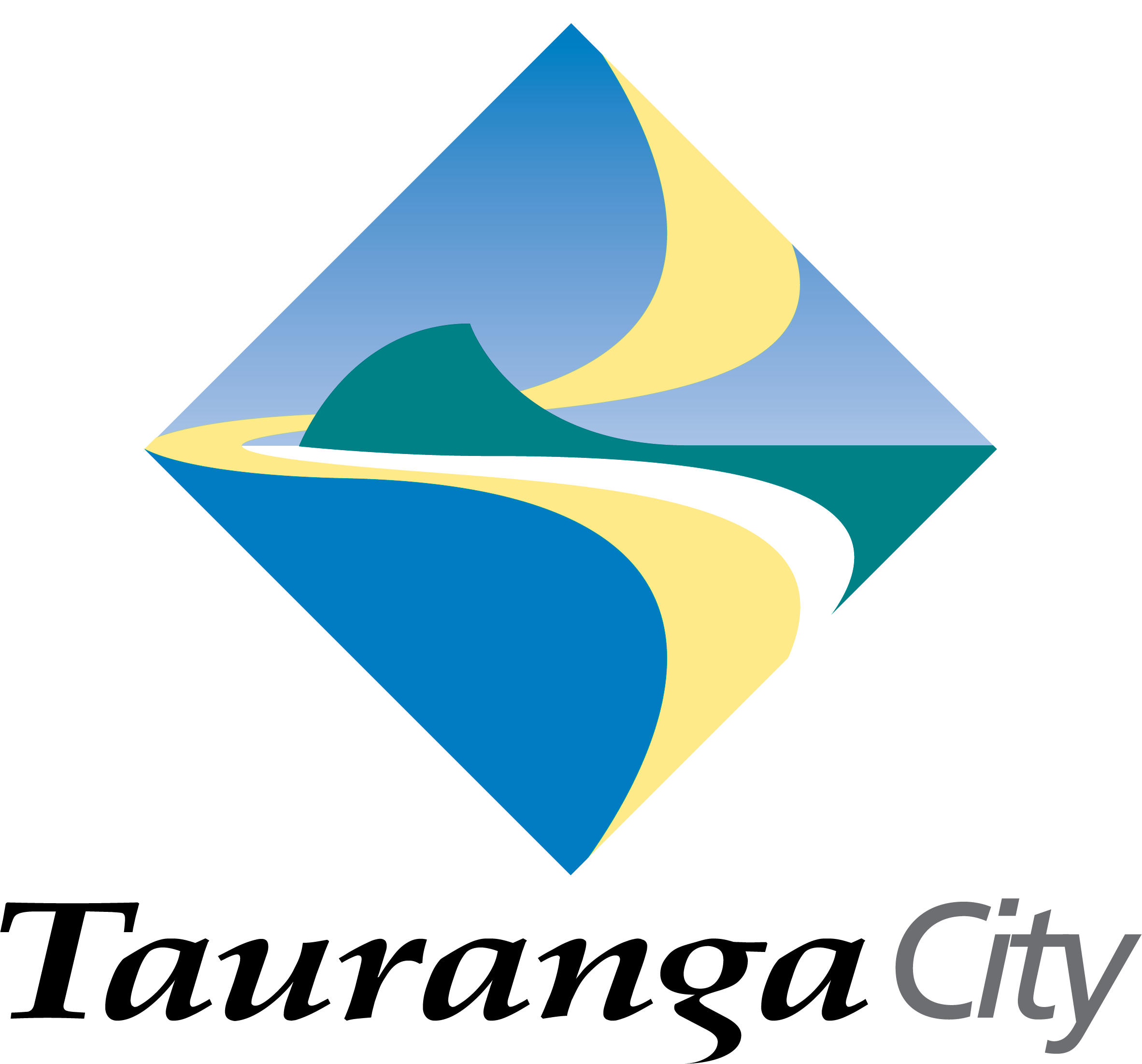 A stylized logo featuring a diamond-shaped design with waves, a mountain, and a sky in blue, yellow, and teal colors. The word "City" appears in gray in the bottom right corner.