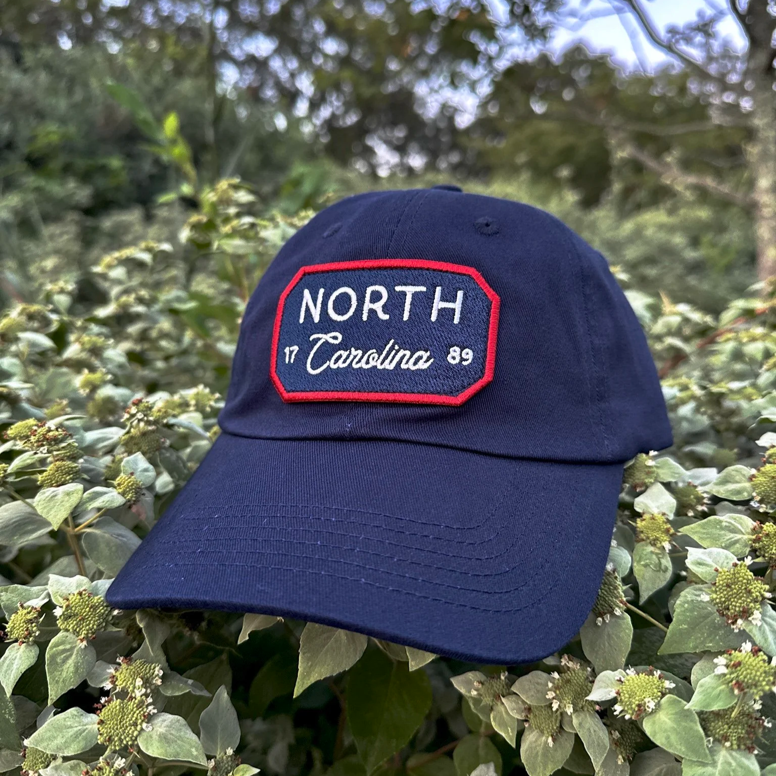 Navy organic cotton dad hat with embroidered North Carolina 1789 patch, resting in a garden of mountain mint plants