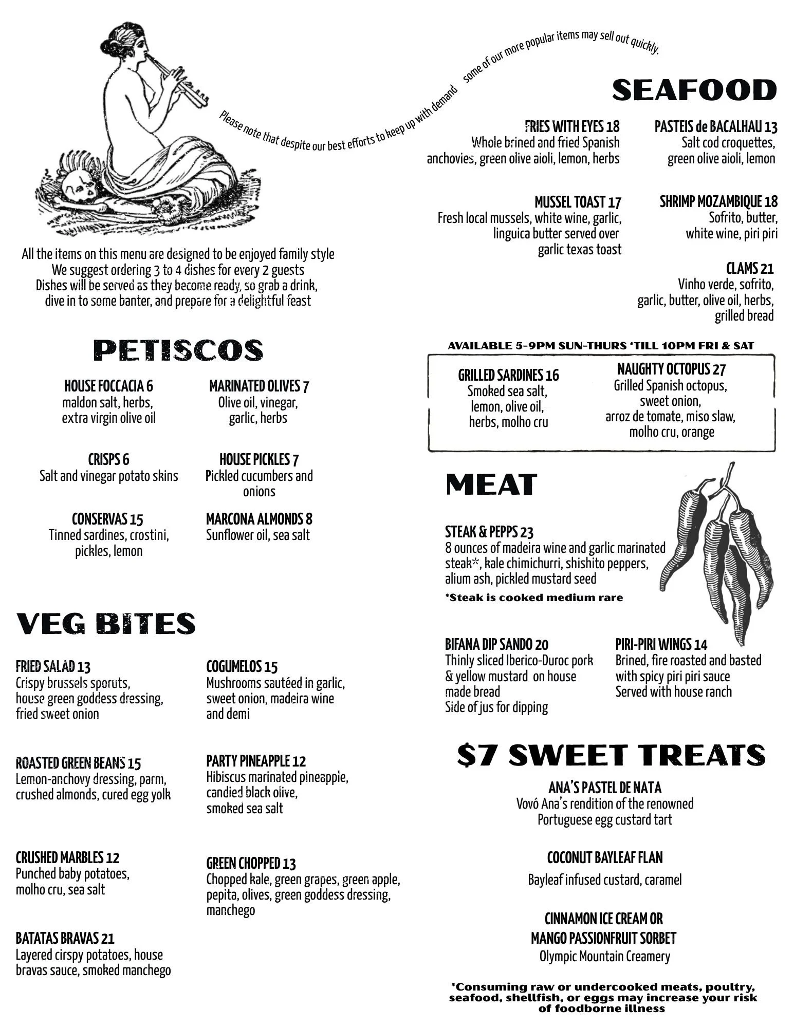 Black and white menu for a seafood restaurant featuring sections for petiscos, veg bites, meat, and sweet treats. Illustrations of a woman playing a flute while lying on a dog, and a bunch of chili peppers.
