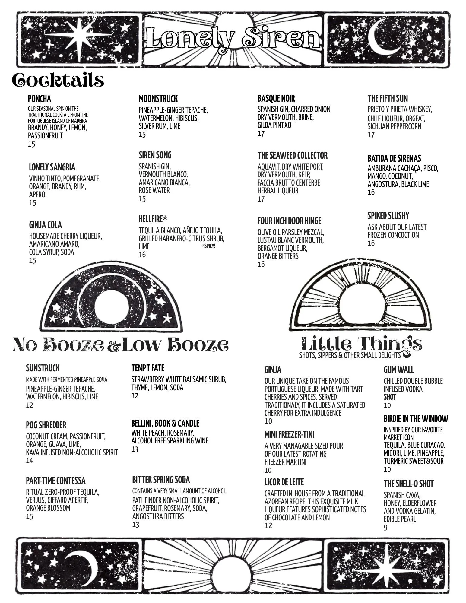 A black and white illustrated drink menu titled 'Lonely Siren'. The top and bottom sections feature celestial designs with stars and moon symbols. The menu lists various cocktails with descriptions and prices, divided into categories, under headings like 'No Booze & Low Booze' and 'Little Things'.