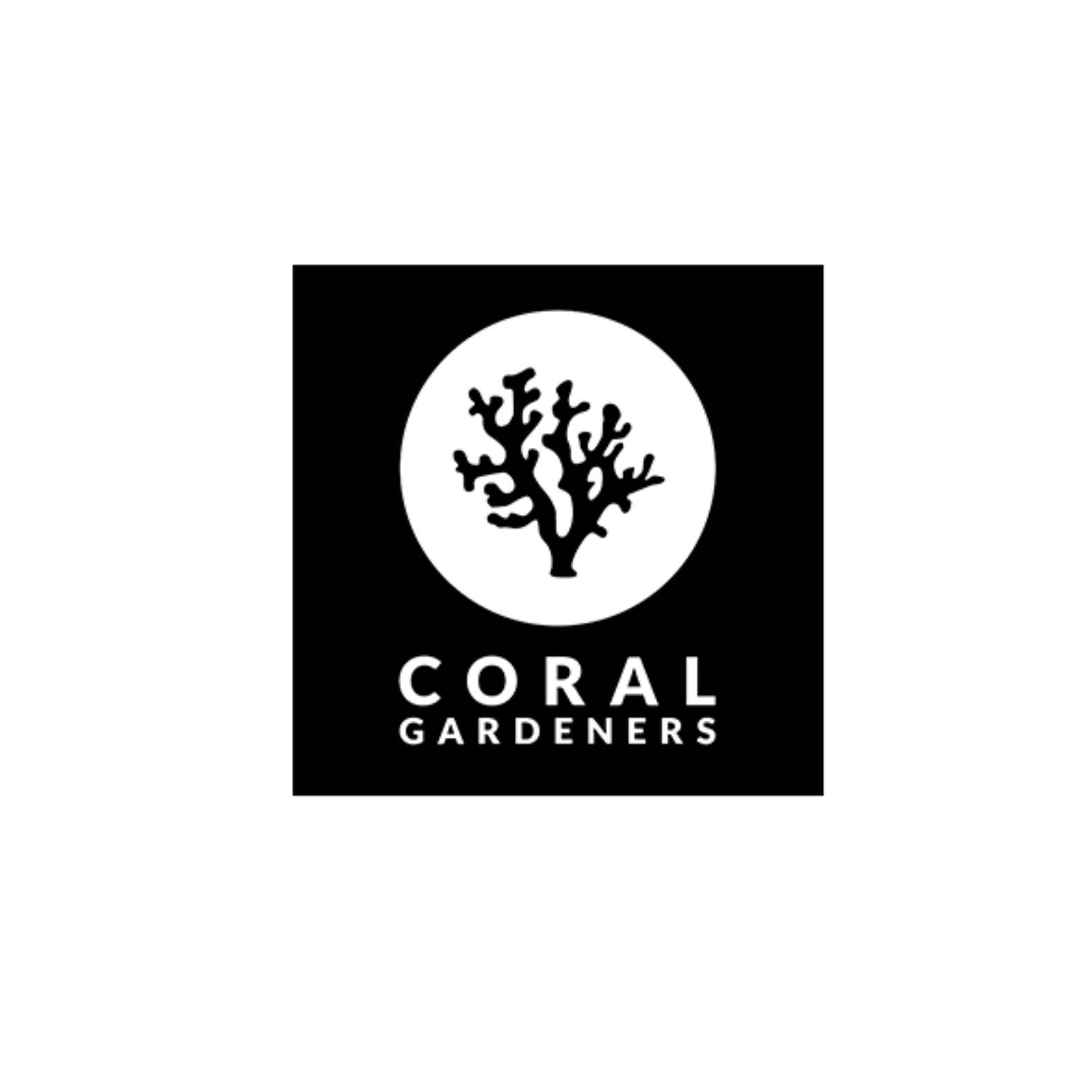 Black background with a white circular logo featuring a coral graphic and the words "Coral Gardeners" underneath.