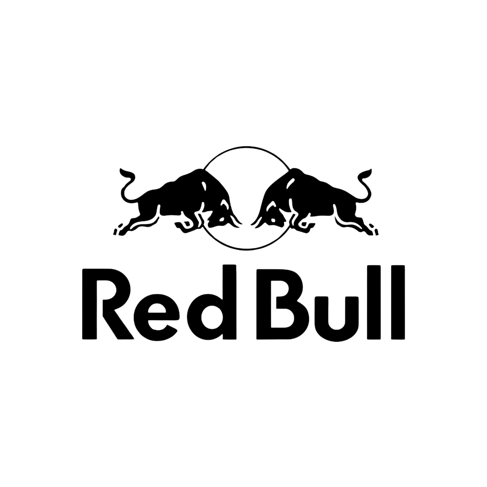 Black and white logo of Red Bull featuring two bulls facing each other around a circle, with the text "Red Bull" below.
