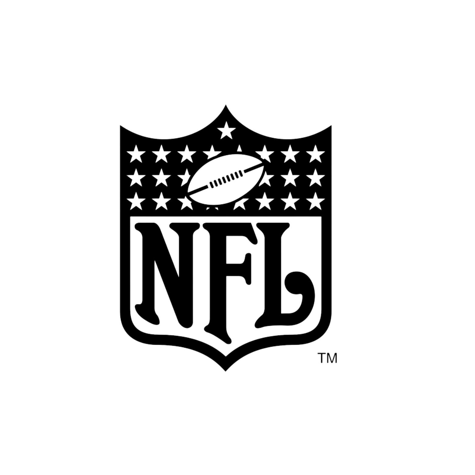 Black and white NFL logo featuring an American football at the center with the letters 'NFL' underneath, surrounded by a shield shape decorated with stars.