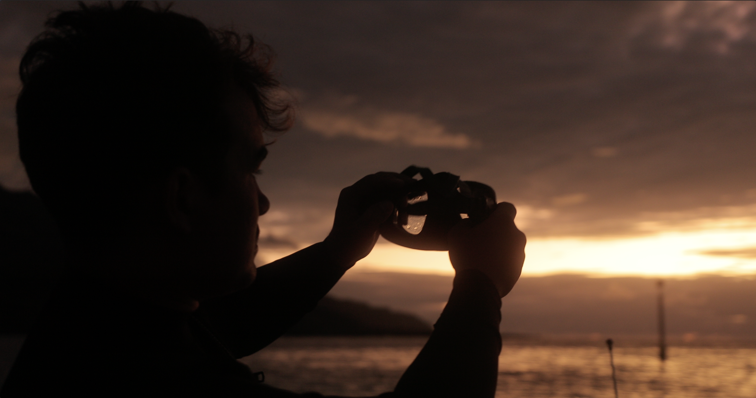 Silhouette of a person holding sunglasses and shown in profile against a sunset with a dark sky and clouds.