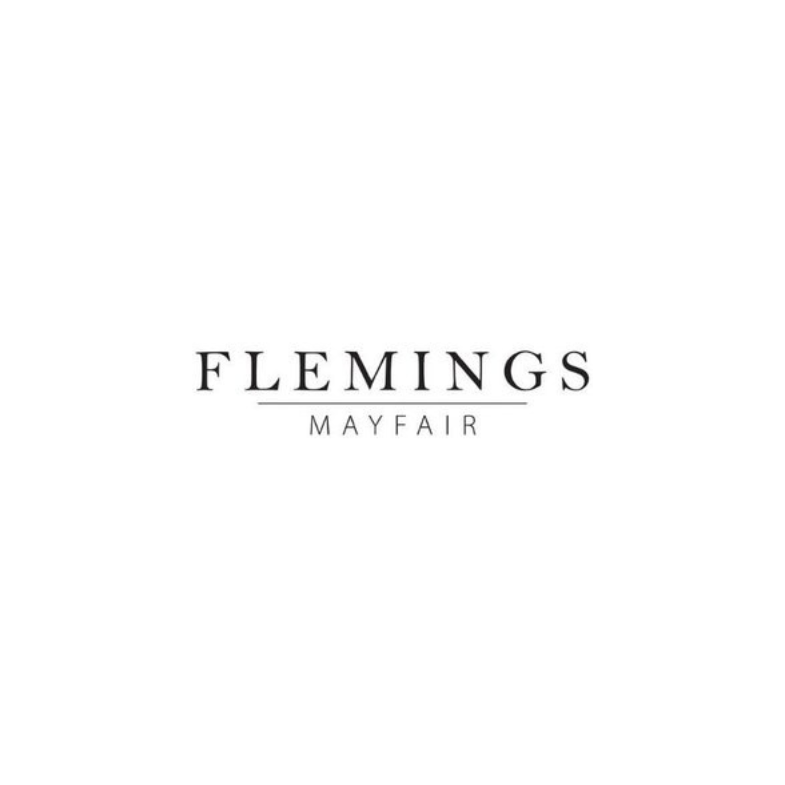 Logo for Flemins Mayfair, featuring black and white color scheme with the text 'FLEMINGS' in large font and 'MAYFAIR' below in smaller font.