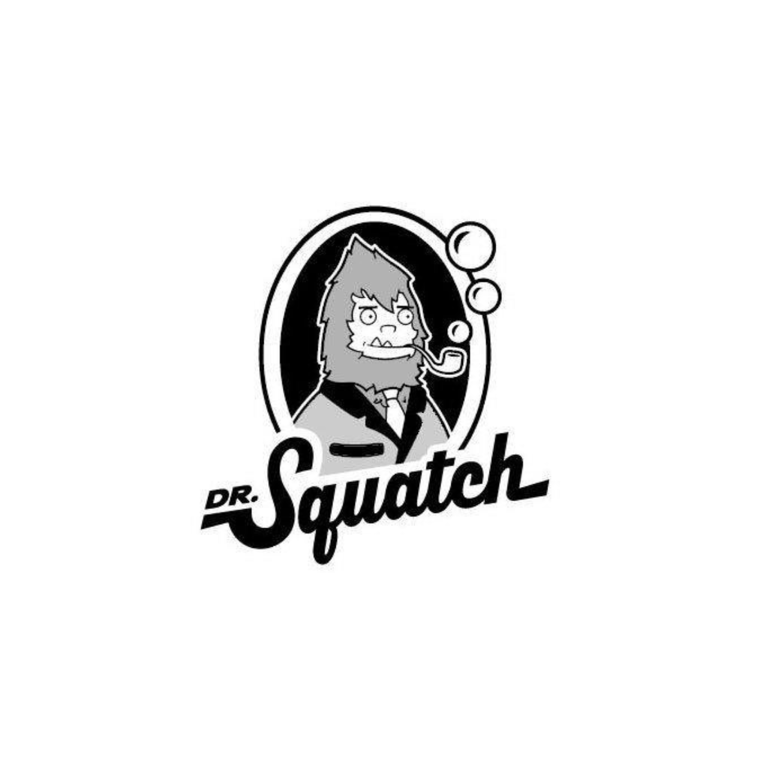 A black and white cartoon illustration of a lion with a mane, smoking a pipe, dressed in a suit and tie, with the text "Dr. Squatch" underneath.