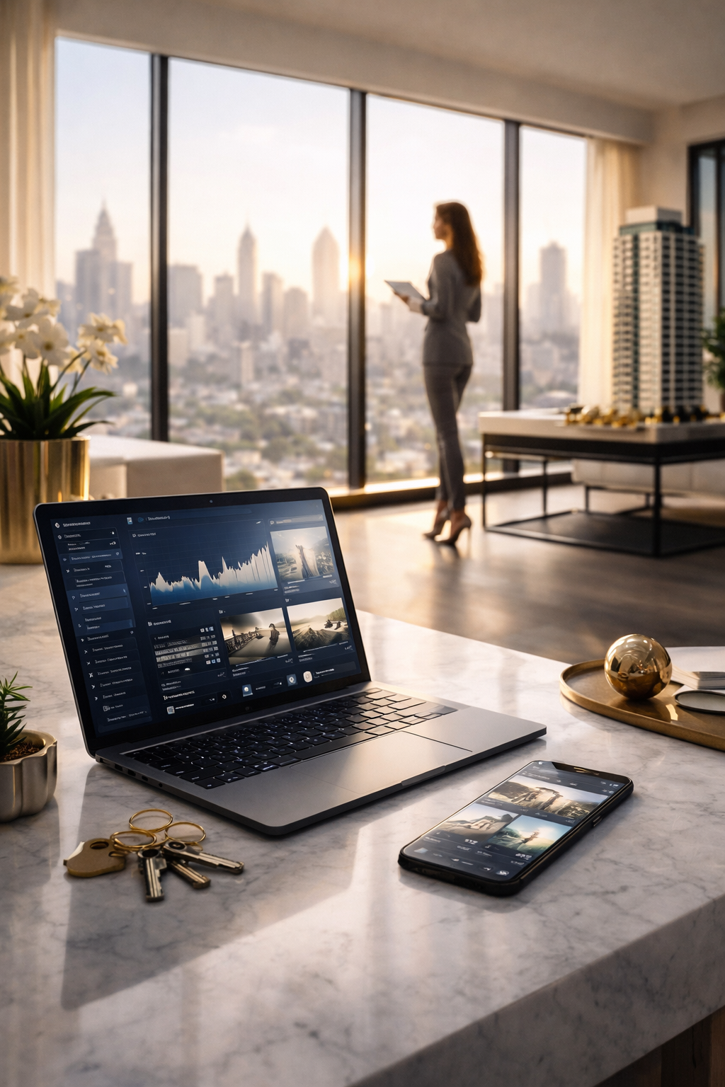 A modern office with a marble desk, laptop, smartphone, keys, and decorative items. A woman stands by large windows overlooking a city skyline, working on a tablet.