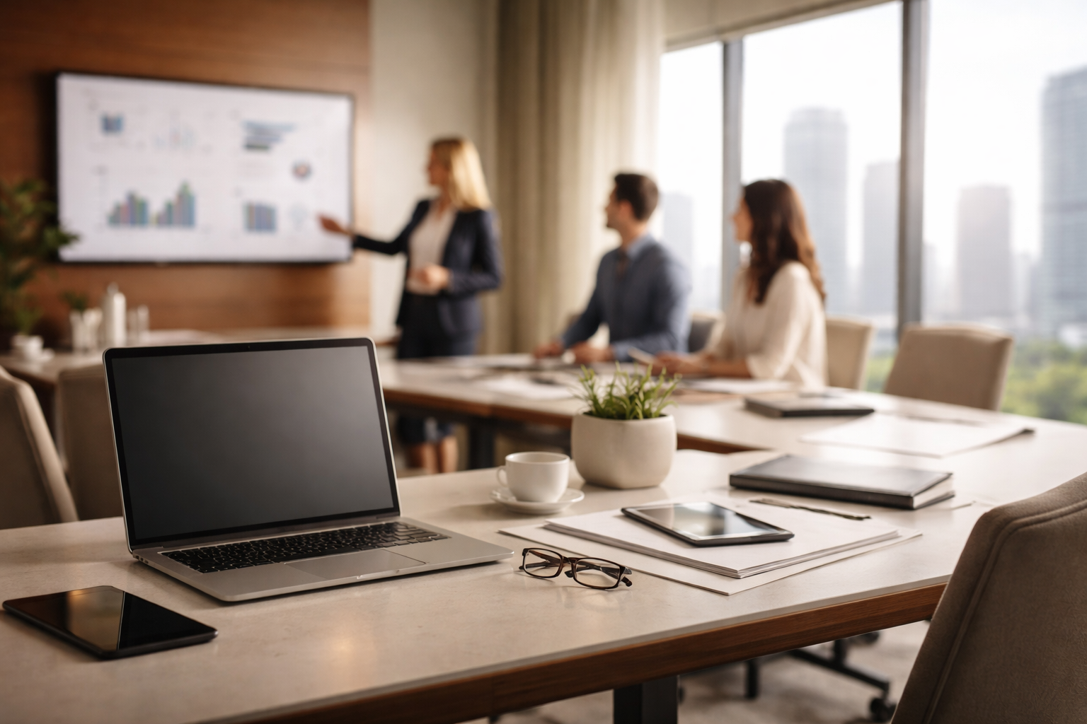 Modern conference room with a laptop, tablet, glasses, and papers on the table, with a woman presenting to two seated individuals by a large window showing a city skyline.