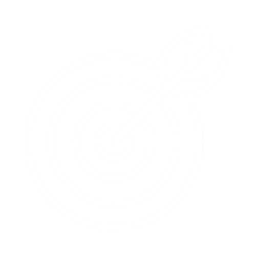 White outline of a dartboard with an arrow hitting the bullseye, set against a black background.