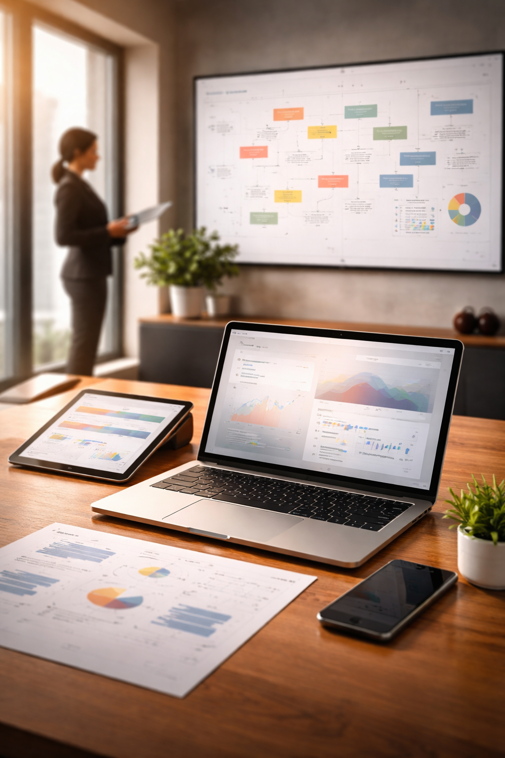 A conference room with a laptop, tablet, and printed data charts on a wooden table. In the background, a woman in a suit stands near a large screen displaying a flowchart, with sunlight coming through a large window.