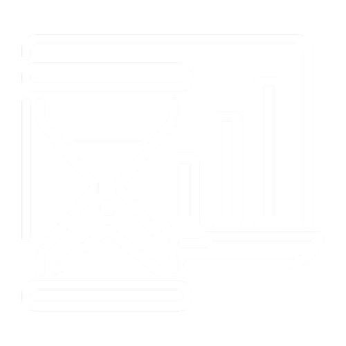 White line drawing of an hourglass and a bar chart with three bars increasing in height.
