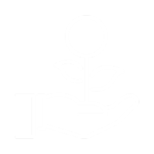 Line drawing of a hand holding a small plant with a flower, symbolizing growth or care.