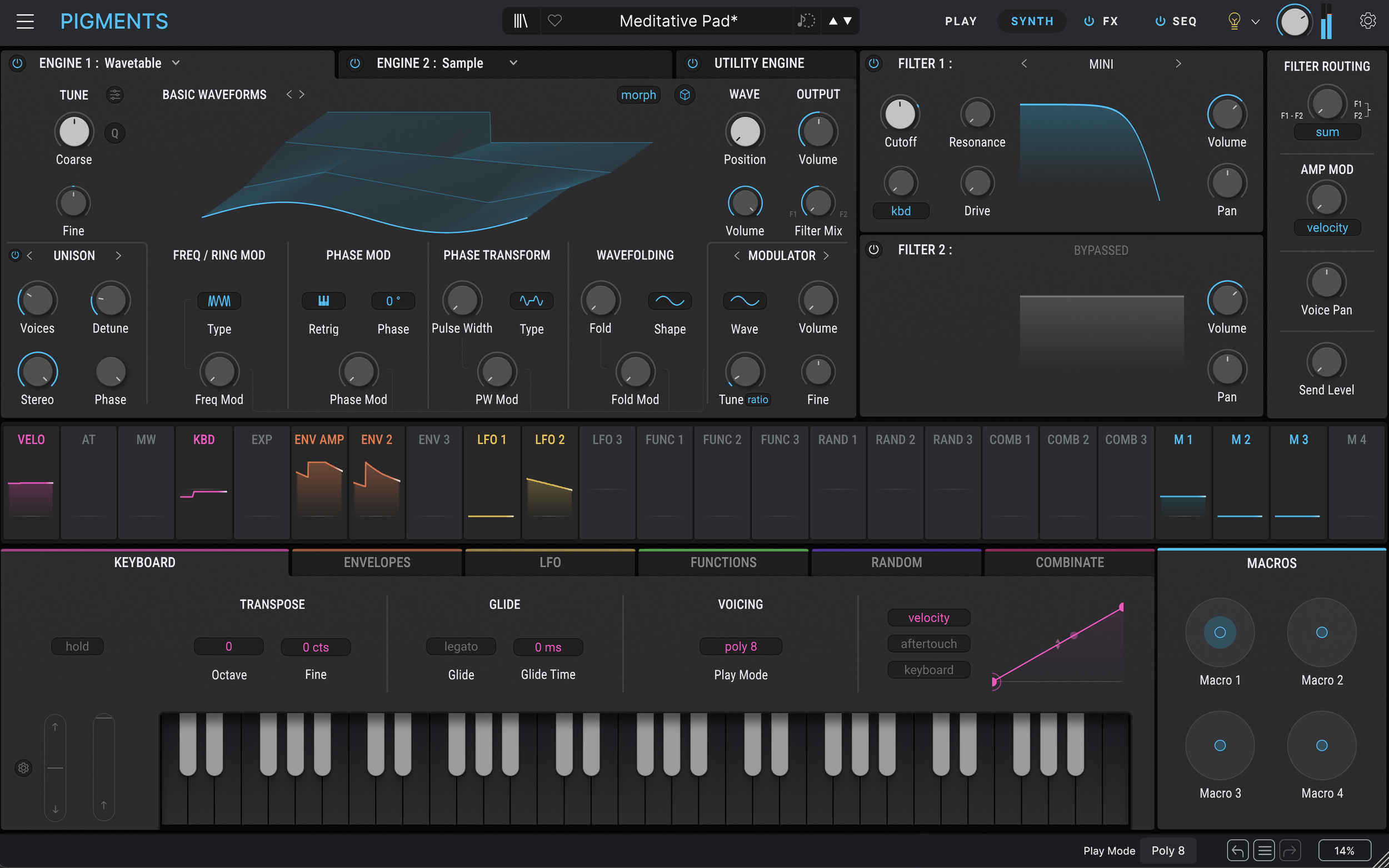 Screenshot eines Musik-Synthesizers mit verschiedenen Parametern, Reglern und visuellem Display für Sound-Designs.