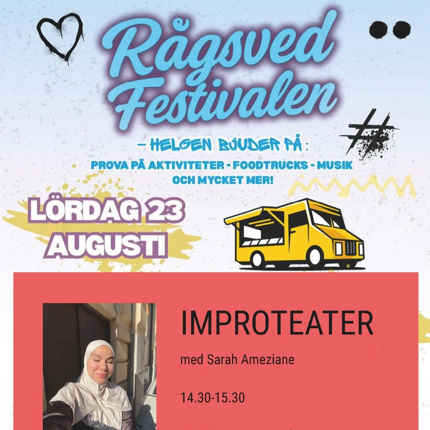 IMPROTEATER P&Aring; L&Ouml;RDAG I R&Aring;GSVED.
H&auml;ng p&aring;! R&aring;gsvedsfestivalen bjuder in till en helg fylld av aktiviteter, mat, musik och skapande &ndash; mitt i hj&auml;rtat av R&aring;gsved.
​
Festivalen arrangeras av @dromstort &o