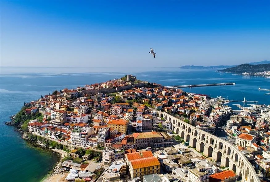Aerial view of Kavala old town, the Kamares aqueduct and the harbour, Northern Greece