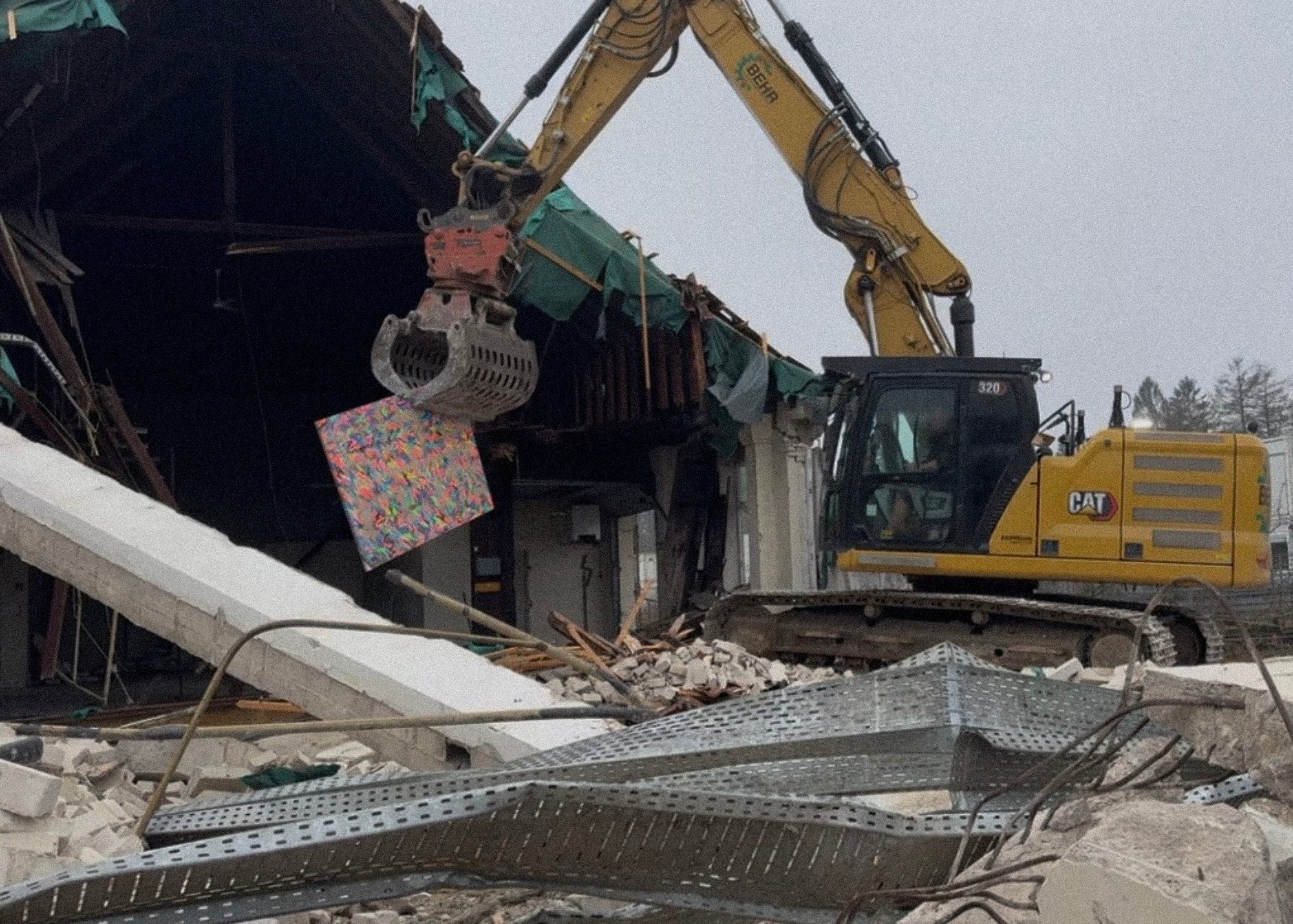 Living in a State of Disappearance, 2026. Video — 7 min. "Living in a State of Disappearance" documents the demolition of a building in which an artist's paintings were stored, watching the works transform into construction debris and enter systems o