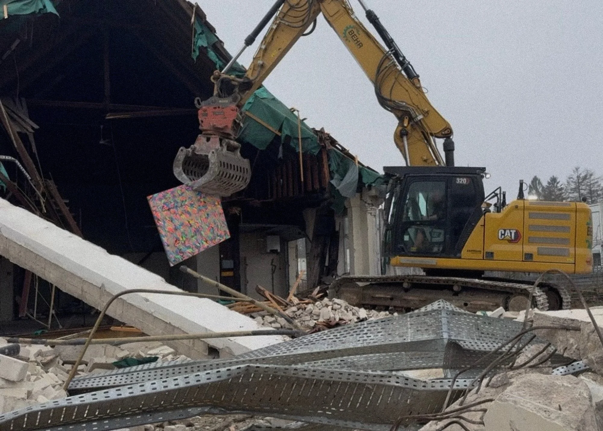 Living in a State of Disappearance, 2026. Video — 7 min. "Living in a State of Disappearance" documents the demolition of a building in which an artist's paintings were stored, watching the works transform into construction debris and enter systems o