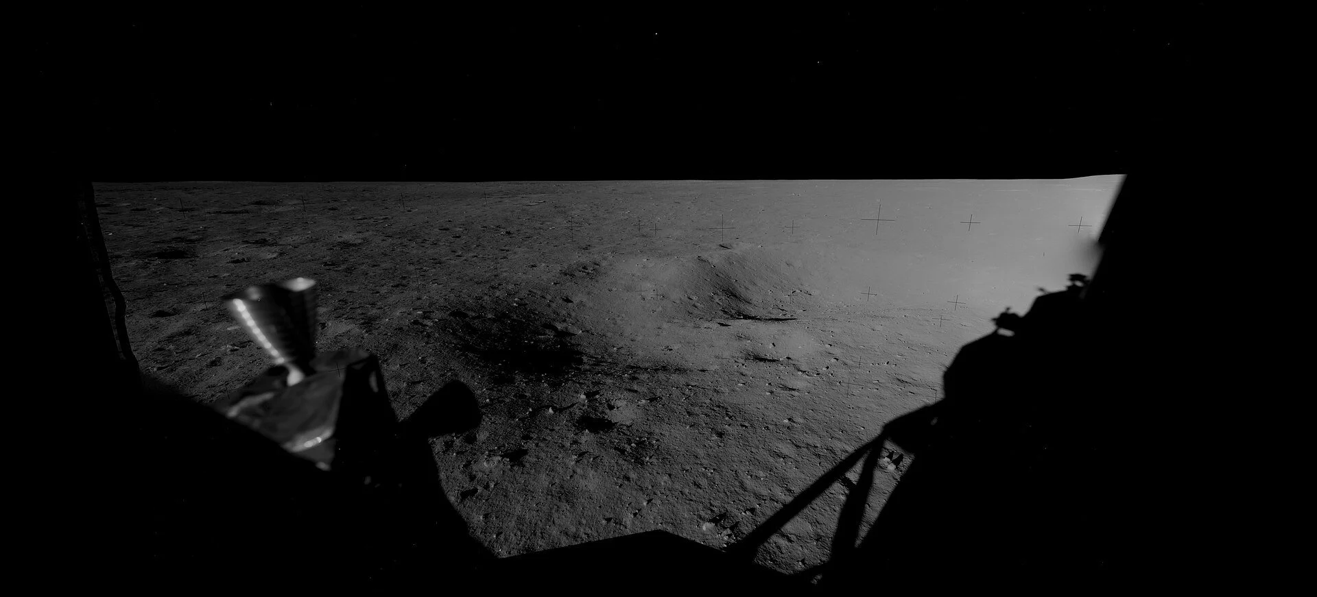 digitally assembled panorama of 6 shots taken by Neil Armstrong on Apollo 11 shortly after landing on the Moon