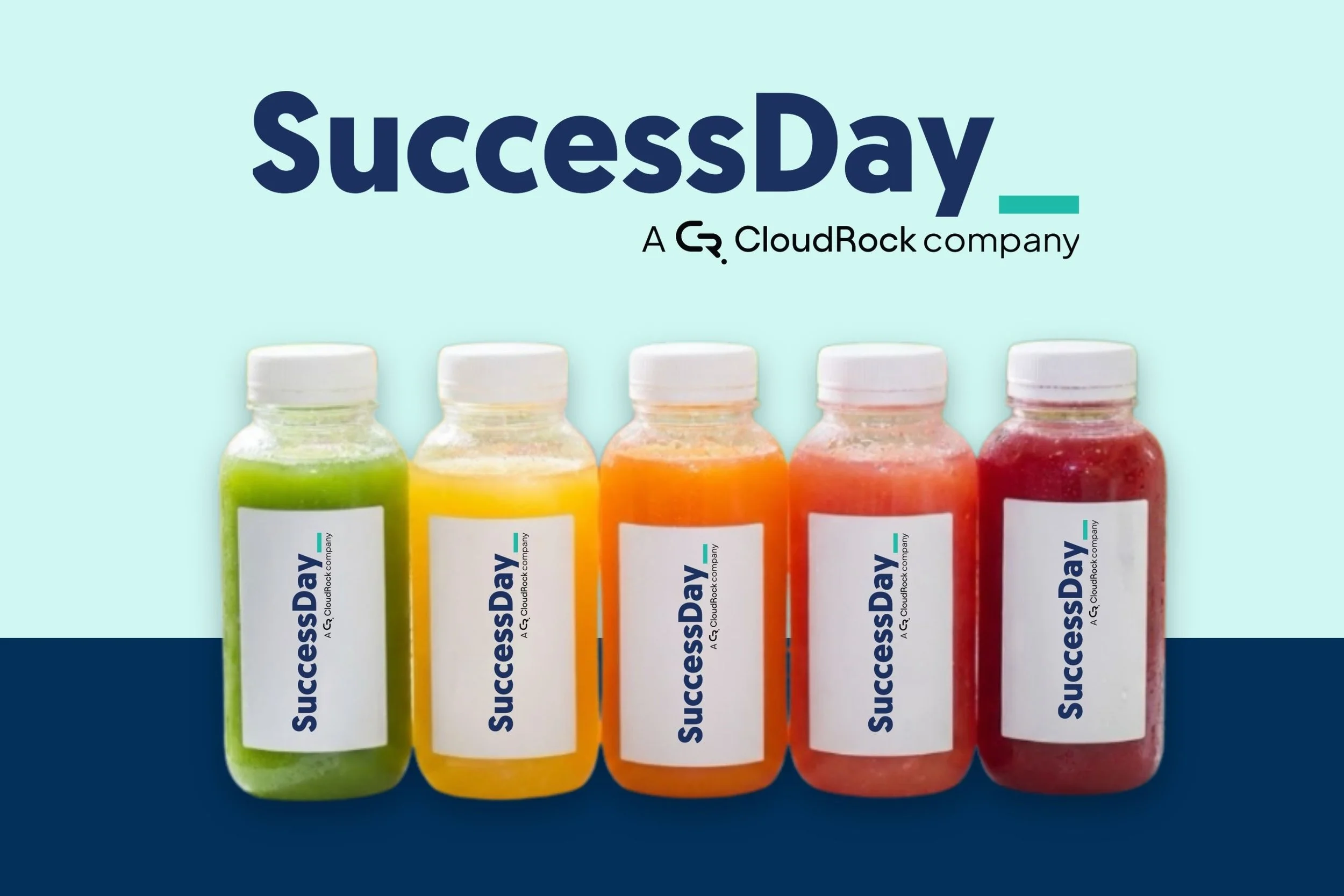 SuccessDay branded graphic featuring five bottled smoothies in different colours with the text “A CloudRock company”.
