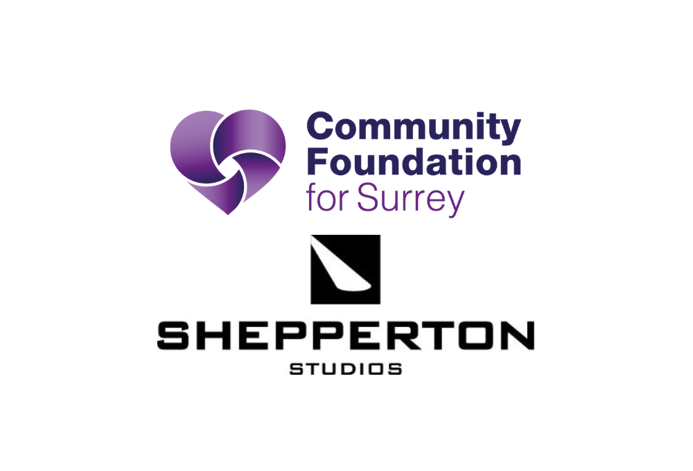 Community Foundation for Surrey logo above the Shepperton Studios Logo on a white background