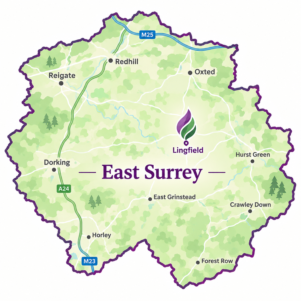 Map of East Surrey with Lingfield marked